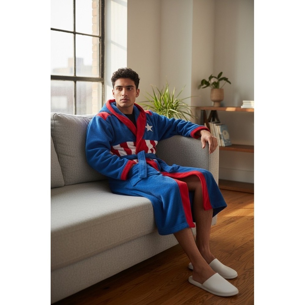 Marvel Captain America‎ Robe Mens XL Hooded Belted Striped Pockets fleece